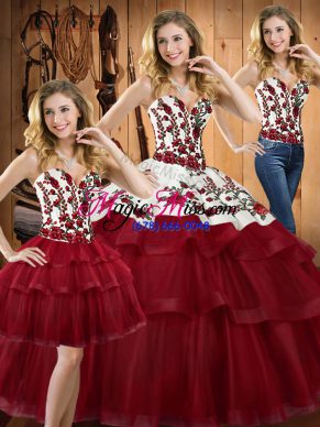Wine Red Sweetheart Neckline Embroidery Sweet 16 Dresses Sleeveless Lace Up