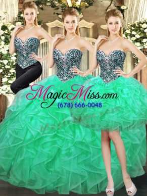 Turquoise Ball Gowns Sweetheart Sleeveless Tulle Floor Length Lace Up Beading and Ruffles Quinceanera Gowns