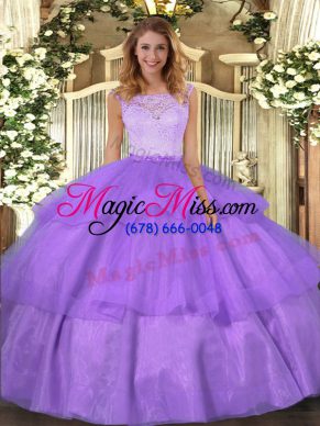 Lavender Ball Gowns Organza Scoop Sleeveless Lace and Ruffled Layers Floor Length Clasp Handle Ball Gown Prom Dress