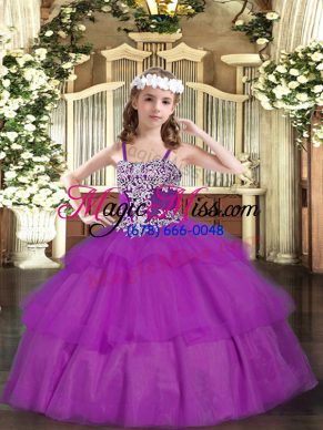 Latest Appliques and Ruffled Layers Pageant Dress for Girls Fuchsia Lace Up Sleeveless Floor Length
