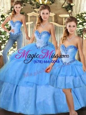 Affordable Sweetheart Sleeveless Sweet 16 Dresses Floor Length Beading and Ruffled Layers Baby Blue Organza