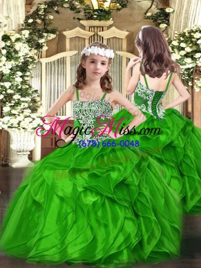 Custom Designed Green Ball Gowns Straps Sleeveless Organza Floor Length Lace Up Appliques and Ruffles High School Pageant Dress