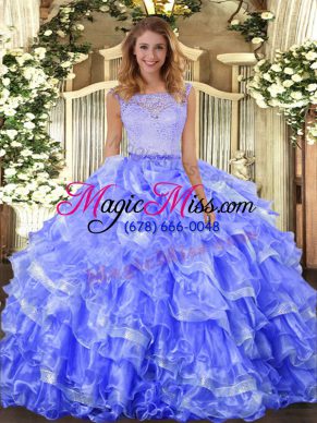 Blue 15th Birthday Dress Military Ball and Sweet 16 and Quinceanera with Lace and Ruffled Layers Scoop Sleeveless Clasp Handle