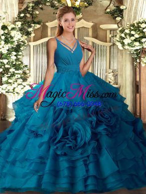 Deluxe Teal Side Zipper V-neck Ruffled Layers Quinceanera Gown Organza Sleeveless