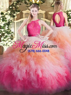Classical Scoop Sleeveless Organza Ball Gown Prom Dress Lace and Ruffles Zipper