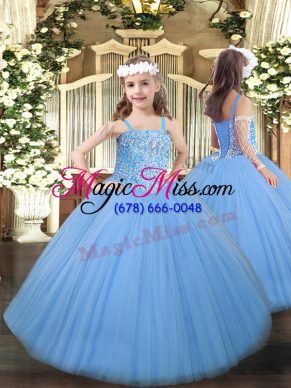 Baby Blue Sleeveless Floor Length Beading Lace Up Glitz Pageant Dress