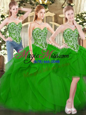 Cheap Green Lace Up Quinceanera Dresses Beading and Ruffles Sleeveless Floor Length