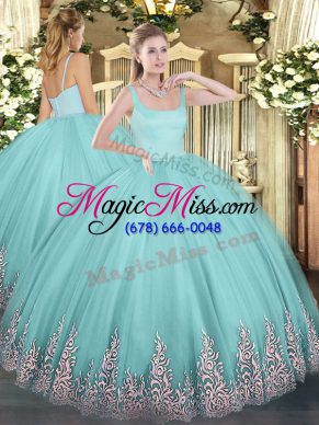 Aqua Blue Tulle Zipper Straps Sleeveless Floor Length Ball Gown Prom Dress Appliques