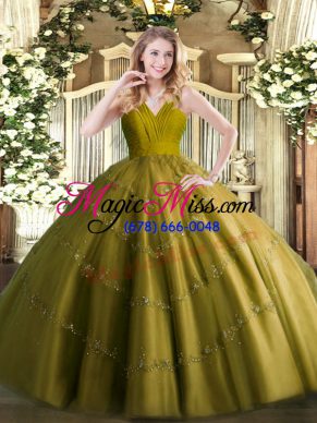 Sweet Floor Length Olive Green Quinceanera Dress V-neck Sleeveless Zipper