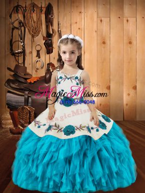 Straps Sleeveless Lace Up Girls Pageant Dresses Baby Blue Organza