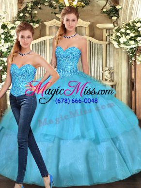 Fine Floor Length Lace Up Quinceanera Dresses Aqua Blue for Military Ball and Sweet 16 and Quinceanera with Ruffled Layers