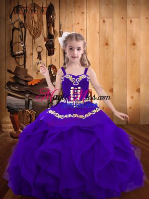 Custom Made Eggplant Purple Ball Gowns Straps Sleeveless Organza Floor Length Lace Up Embroidery and Ruffles Girls Pageant Dresses