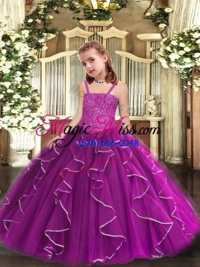 Tulle Sleeveless Floor Length Child Pageant Dress and Beading and Ruffles