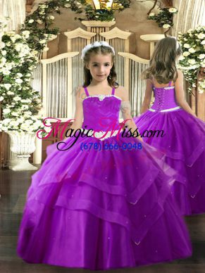 Stunning Purple Straps Lace Up Appliques and Ruffled Layers Girls Pageant Dresses Sleeveless