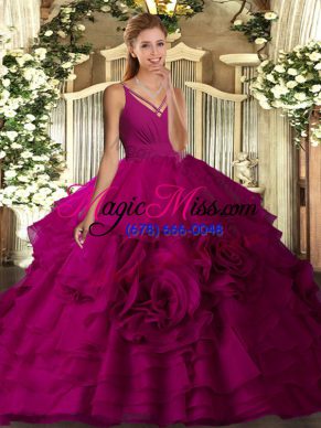 Super Ball Gowns Ball Gown Prom Dress Fuchsia V-neck Organza Sleeveless Floor Length Backless