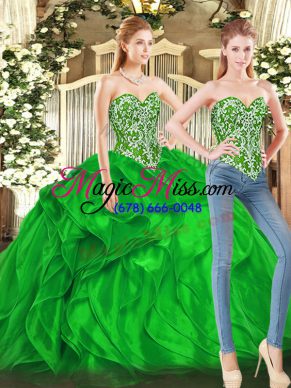 Green Ball Gowns Beading and Ruffles 15 Quinceanera Dress Lace Up Tulle Sleeveless Floor Length