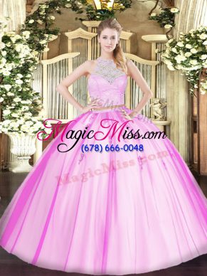 Fuchsia Two Pieces Lace and Appliques 15th Birthday Dress Zipper Tulle Sleeveless Floor Length