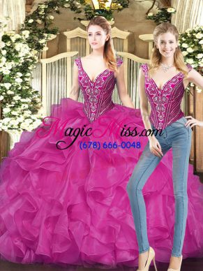Popular Sleeveless Floor Length Ruffles Lace Up 15 Quinceanera Dress with Fuchsia