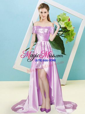 Lilac Zipper Off The Shoulder Sequins Elastic Woven Satin and Sequined Short Sleeves