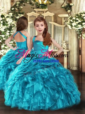 Modern Sleeveless Organza Floor Length Lace Up Kids Formal Wear in Baby Blue with Ruffles and Ruching