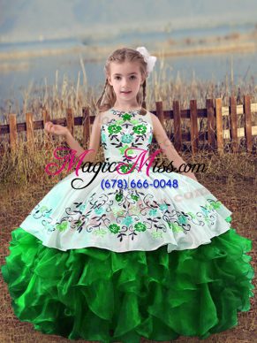 Green Ball Gowns Scoop Sleeveless Organza Floor Length Lace Up Embroidery and Ruffles Child Pageant Dress
