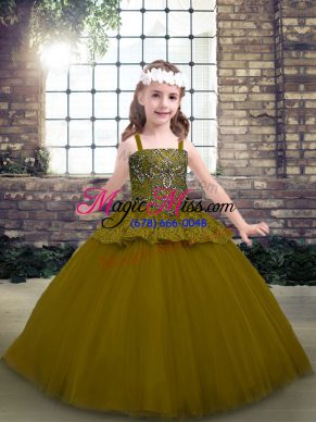 Sleeveless Tulle Floor Length Lace Up Pageant Dress Womens in Olive Green with Beading