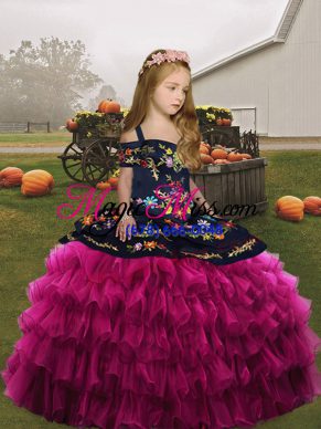 On Sale Organza Straps Sleeveless Embroidery and Ruffles Child Pageant Dress in Fuchsia