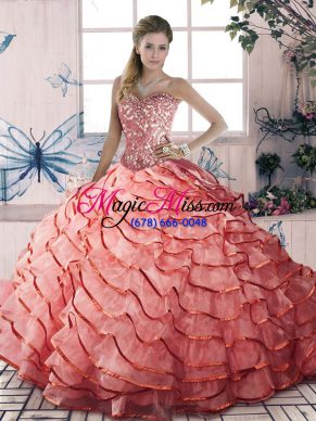 Sleeveless Organza Brush Train Lace Up 15th Birthday Dress in Watermelon Red with Beading and Ruffled Layers