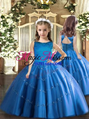 Custom Design Beading Little Girl Pageant Gowns Blue Lace Up Sleeveless Floor Length