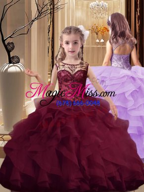 Brush Train Ball Gowns High School Pageant Dress Burgundy Scoop Organza Sleeveless Lace Up