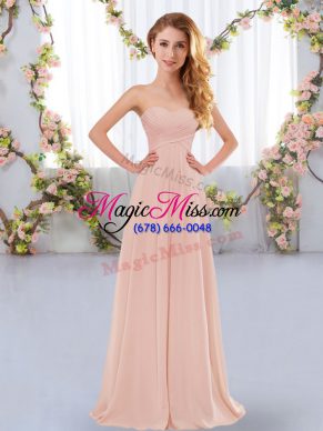 Delicate Pink Empire Ruching Bridesmaid Gown Lace Up Chiffon Sleeveless Floor Length