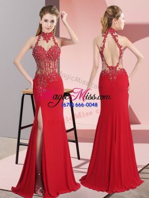 Red Backless Halter Top Lace and Appliques Evening Dress Chiffon Sleeveless