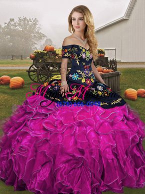 New Style Fuchsia Off The Shoulder Lace Up Embroidery and Ruffles Sweet 16 Dress Sleeveless