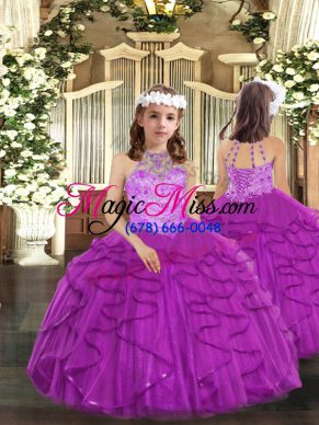 Elegant Sleeveless Floor Length Beading and Ruffles Lace Up Custom Made Pageant Dress with Purple