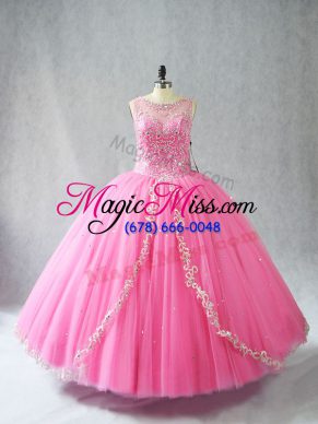 Rose Pink Lace Up Scoop Beading and Appliques 15th Birthday Dress Tulle Sleeveless