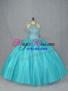 Cheap Halter Top Sleeveless Tulle Quinceanera Gowns Beading Lace Up