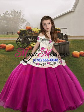 Pretty Fuchsia Organza Lace Up Little Girls Pageant Gowns Sleeveless Floor Length Embroidery