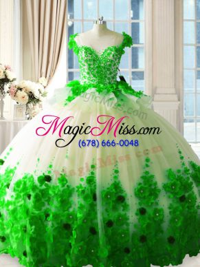 Amazing Green Ball Gowns Scoop Sleeveless Tulle Brush Train Zipper Hand Made Flower Sweet 16 Dresses