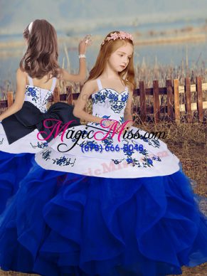 Customized Royal Blue Little Girls Pageant Dress Prom and Sweet 16 and Wedding Party with Embroidery and Ruffles Straps Sleeveless Lace Up