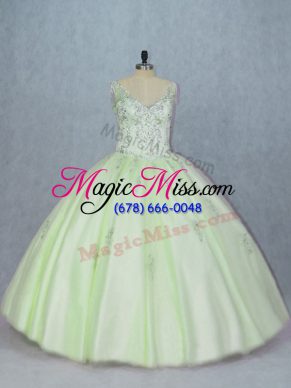 Exceptional Yellow Green Lace Up V-neck Beading 15th Birthday Dress Tulle Sleeveless
