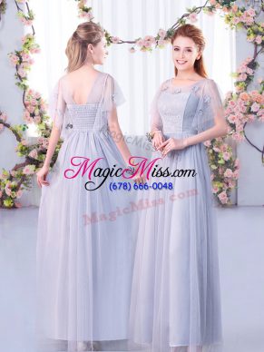 Short Sleeves Floor Length Lace and Belt Side Zipper Quinceanera Court of Honor Dress with Grey