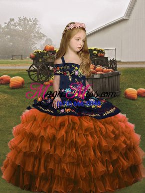 Glorious Embroidery Kids Pageant Dress Brown Lace Up Sleeveless Floor Length
