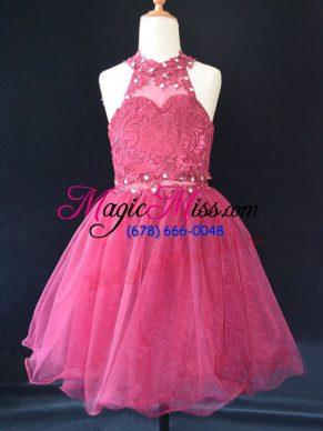 Pretty Hot Pink Lace Up Flower Girl Dress Beading and Lace Sleeveless Mini Length