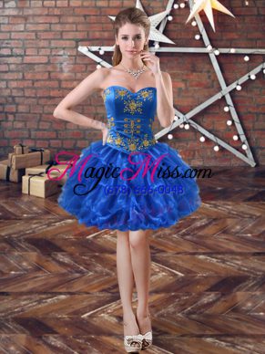 Flirting Mini Length Royal Blue Prom Evening Gown Organza Sleeveless Embroidery and Ruffled Layers