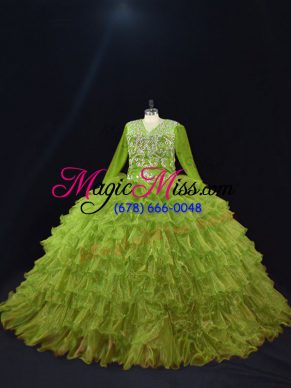 Olive Green Ball Gowns Organza V-neck Long Sleeves Ruffled Layers Floor Length Lace Up Quinceanera Dress