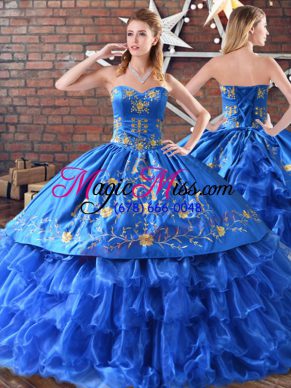 Blue Satin and Organza Quinceanera Dresses Sleeveless Floor Length Embroidery