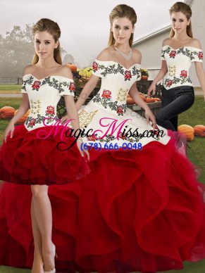 Great Three Pieces Sweet 16 Quinceanera Dress White And Red Off The Shoulder Tulle Sleeveless Floor Length Lace Up