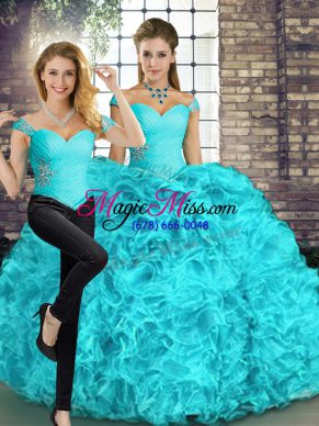 Simple Aqua Blue Organza Lace Up Sweet 16 Quinceanera Dress Sleeveless Floor Length Beading and Ruffles