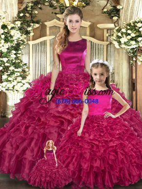 Free and Easy Fuchsia Ball Gowns Organza Scoop Sleeveless Ruffles Floor Length Lace Up Sweet 16 Quinceanera Dress