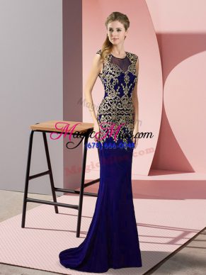 Trendy Zipper Evening Outfits Purple for Prom and Party with Appliques Sweep Train